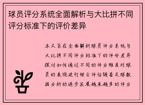 球员评分系统全面解析与大比拼不同评分标准下的评价差异