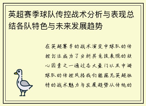 英超赛季球队传控战术分析与表现总结各队特色与未来发展趋势