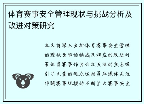 体育赛事安全管理现状与挑战分析及改进对策研究